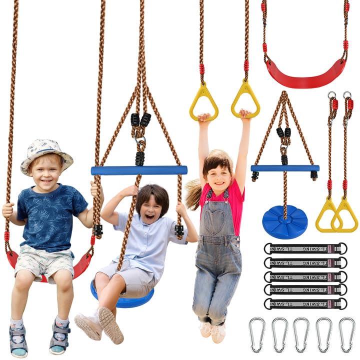 GOLDGE 3pcs Kids Outdoor Swing Set with Adjustable Ropes Disc Ring Hangers Trapeze Bar UBoard Seat and Monkey Bars with EVA Soft Disc for Backyard Play - Image 1