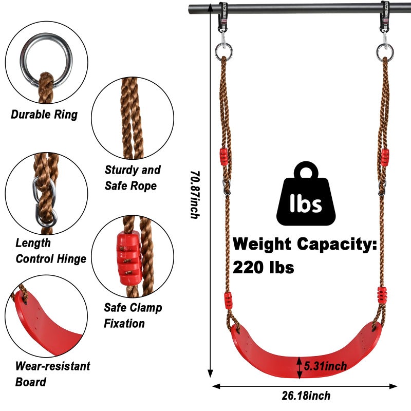GOLDGE 3pcs Kids Outdoor Swing Set with Adjustable Ropes Disc Ring Hangers Trapeze Bar UBoard Seat and Monkey Bars with EVA Soft Disc for Backyard Play - Image 5