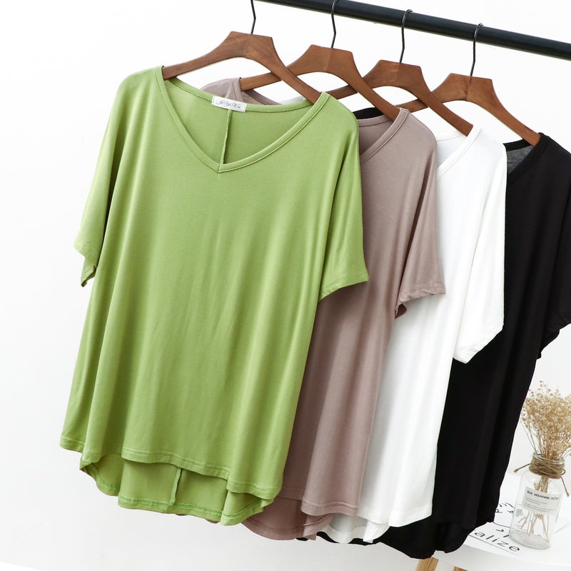 2025 Summer Model Cotton Short-sleeved Loose Top Women's Plus Fat Girl Short-sleeved V-neck T-shirt - Image 2