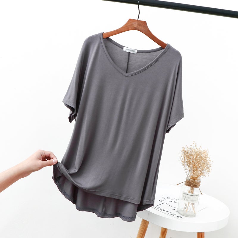 2025 Summer Model Cotton Short-sleeved Loose Top Women's Plus Fat Girl Short-sleeved V-neck T-shirt - Image 1
