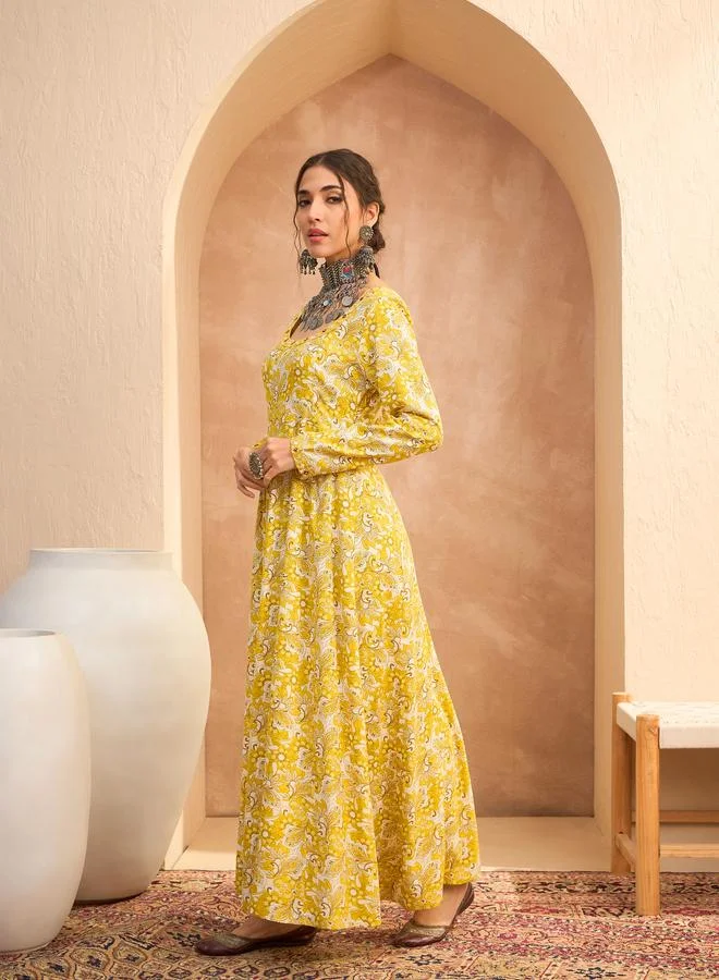 SASSAFRAS Sassafras Yellow Floral Anarkali Kurta and Pants Set