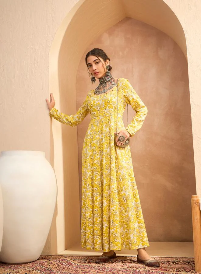 SASSAFRAS Sassafras Yellow Floral Anarkali Kurta and Pants Set