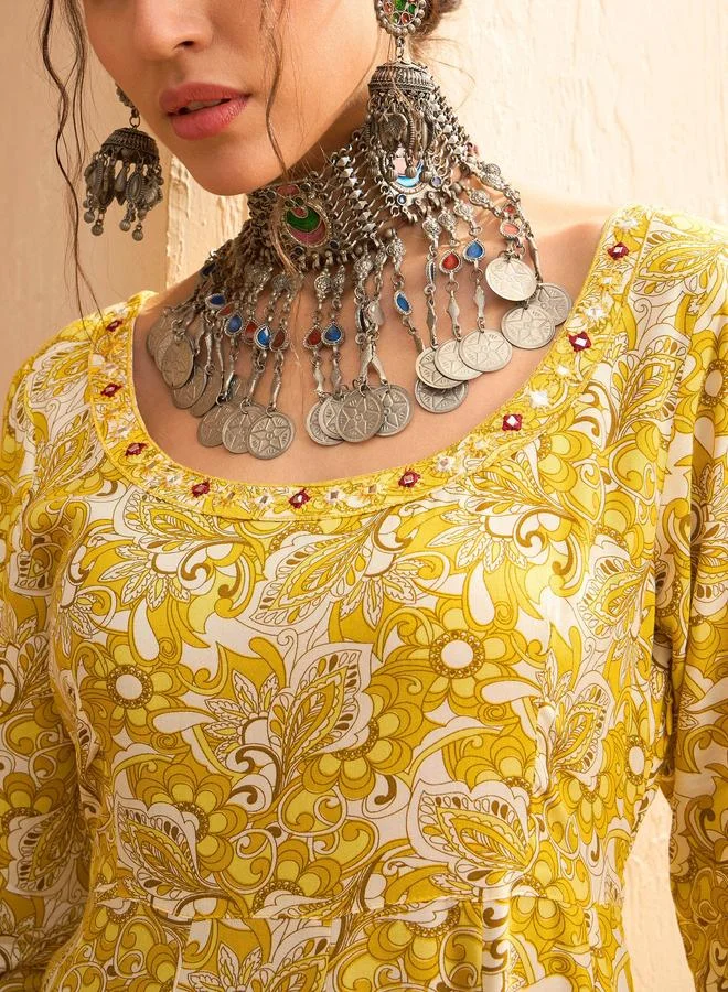 SASSAFRAS Sassafras Yellow Floral Anarkali Kurta and Pants Set