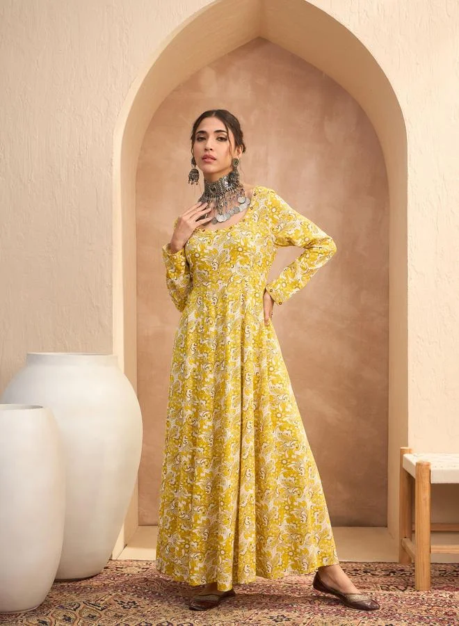 SASSAFRAS Sassafras Yellow Floral Anarkali Kurta and Pants Set