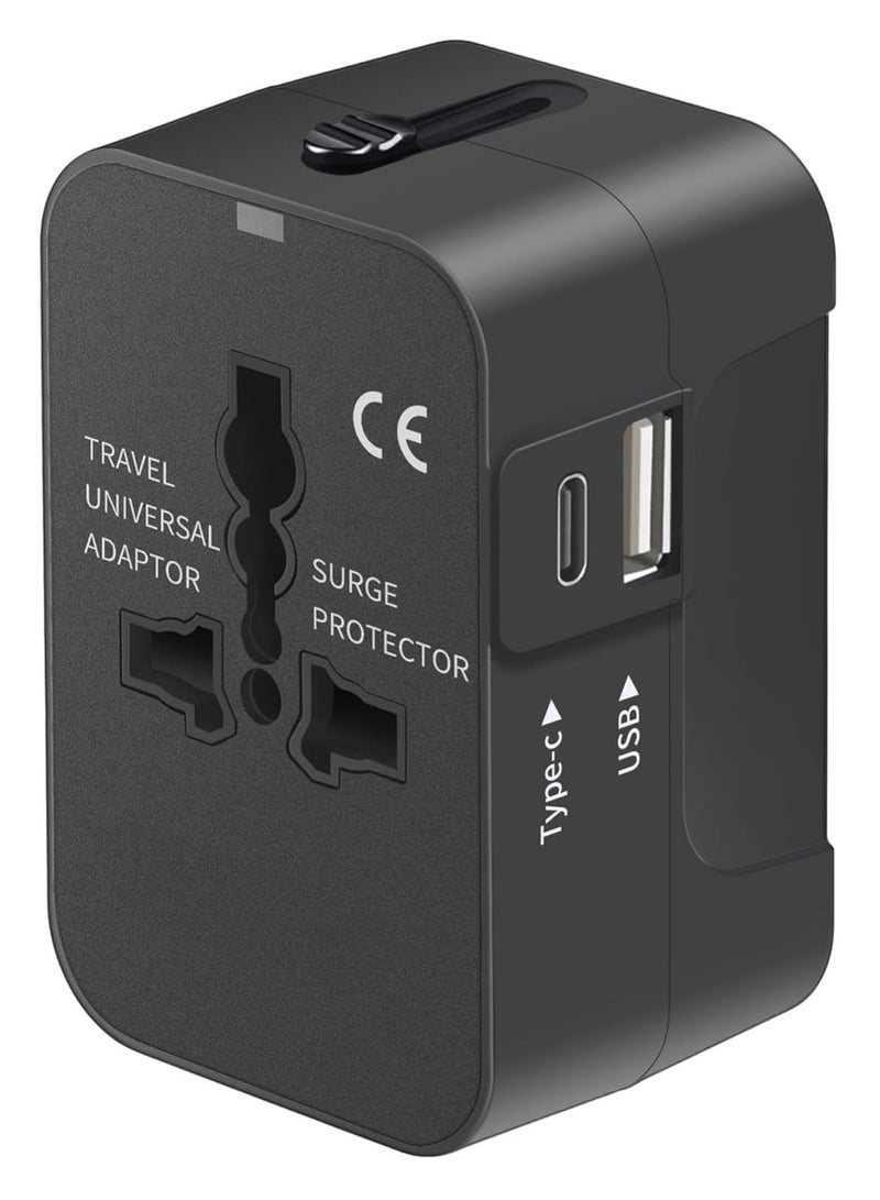 Universal Travel Adapter – Black AC Power Plug with USB-C & USB-A Ports for USA, EU, UK, AUS - Image 1