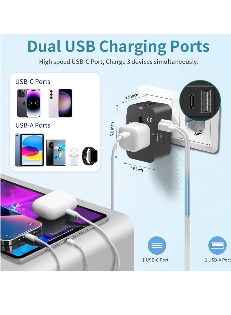Universal Travel Adapter – Black AC Power Plug with USB-C & USB-A Ports for USA, EU, UK, AUS - Image 2