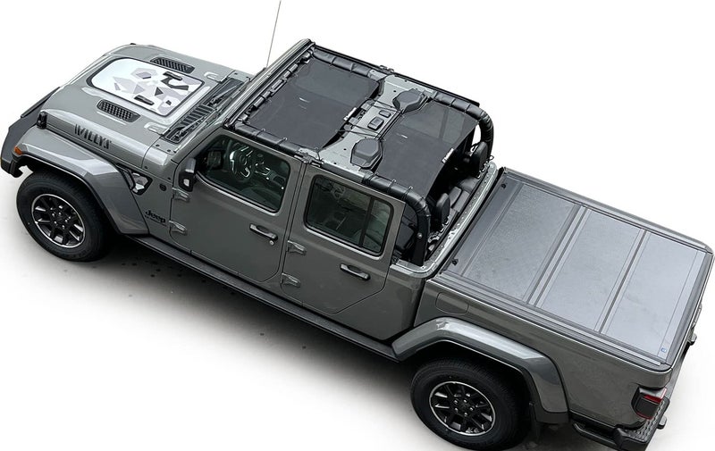 Shadeidea JT Sun Shade Top Sunshade Compatible with Jeep Gladiator Top Shade Mesh Screen Roof Cover 20182023 Wind Noise UV Blocker with GrabBag Pouch 10 Year Warranty Black FrontRear 2 Pcs