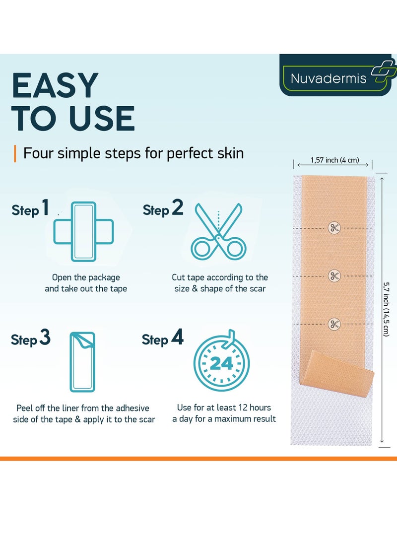 NUVADERMIS Silicone Scar Sheets - Dermatologically Tested in USA - As Surgical Cream, Gel, Tape, Strips, Patches - Keloid, C-Section, Tummy Tuck - Surgery Scars Removal Treatment - 4 Pack 5.7x1.57