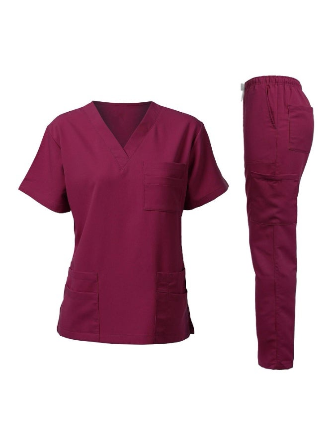 Loquat Womens Men Medical Scrubs Set Medical Uniform Set Wine Red - Image 1