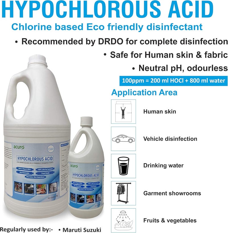 acuro HYPOCHLOROUS ACID: DRDO recommended & EPA approved Eco friendly disinfectant | Safe for Skin (1ltr) - Image 1