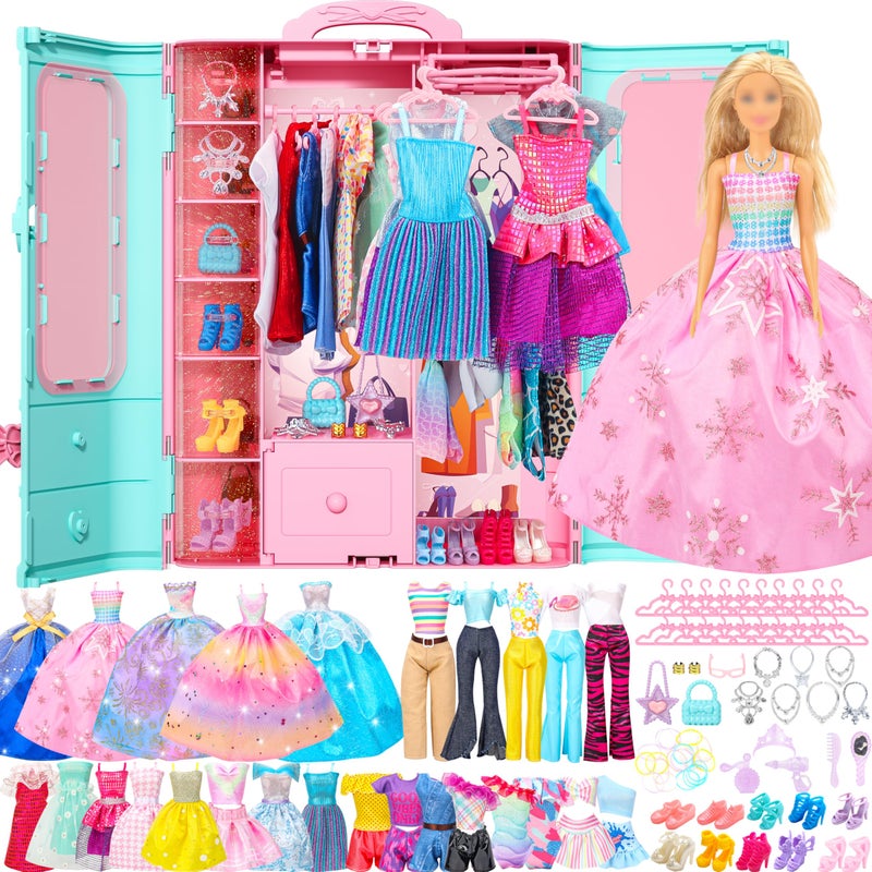 Style Shine 70 Pcs Doll Closet with Clothes Accessories Playset2 Wedding Gowns 6 Fashion Dresses 2 Tops 2 Pants 2 Swimsuits 10 Shoes 20 Hangers 27 Accessories Toys for Girls Kids Birthday Gifts - Image 3