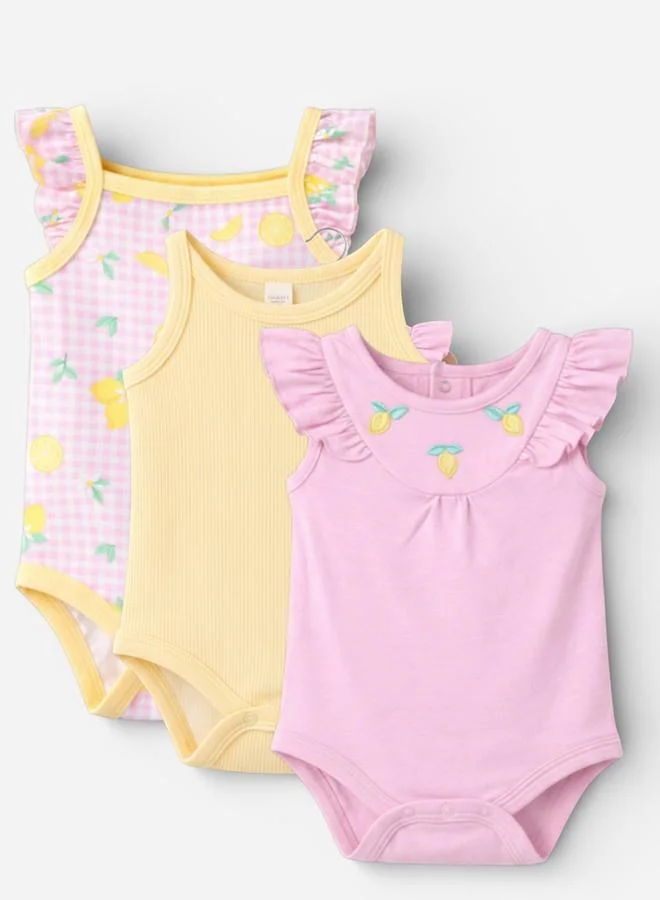 Victor And Jane Baby Girls Frill Sleeve and Fruit Print Bodysuits - 3 Pack