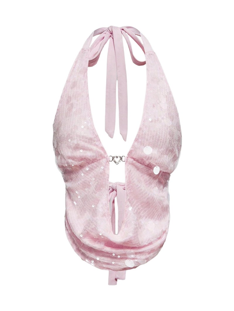 MakeMeChic Women's Sparkly Sequin Draped Halter Top Tie Backless Party Y2K Tank Tops Pink Medium - Image 1