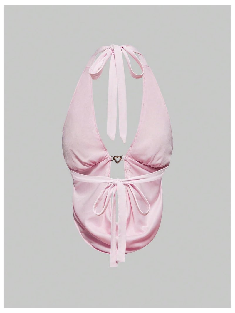 MakeMeChic Women's Sparkly Sequin Draped Halter Top Tie Backless Party Y2K Tank Tops Pink Medium - Image 2