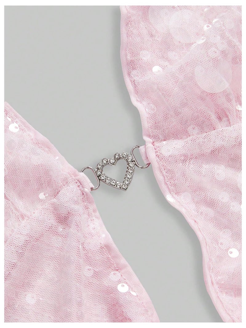 MakeMeChic Women's Sparkly Sequin Draped Halter Top Tie Backless Party Y2K Tank Tops Pink Medium - Image 3