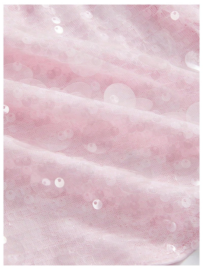 MakeMeChic Women's Sparkly Sequin Draped Halter Top Tie Backless Party Y2K Tank Tops Pink Medium - Image 4