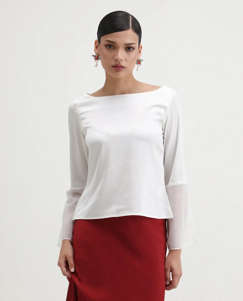 Rareism Women's Satin Boat Neck Top With Chiffon Bell Sleeves