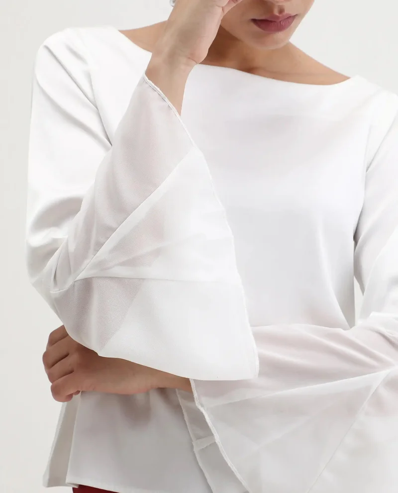 Rareism Women's Satin Boat Neck Top With Chiffon Bell Sleeves