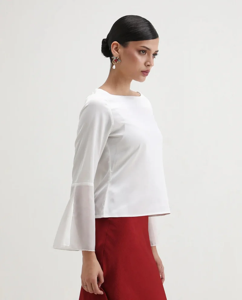 Rareism Women's Satin Boat Neck Top With Chiffon Bell Sleeves