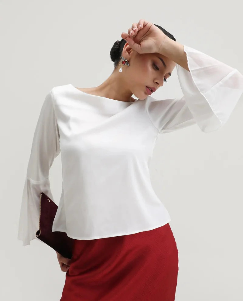 Rareism Women's Satin Boat Neck Top With Chiffon Bell Sleeves