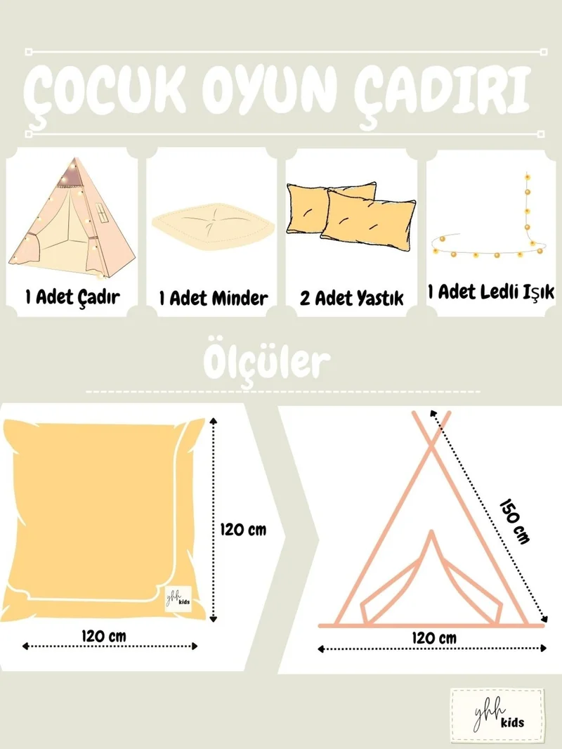 Yhh Kids Illuminated Children's Play Tent Native American Tent Playhouse with Cushions and Pillows Beige