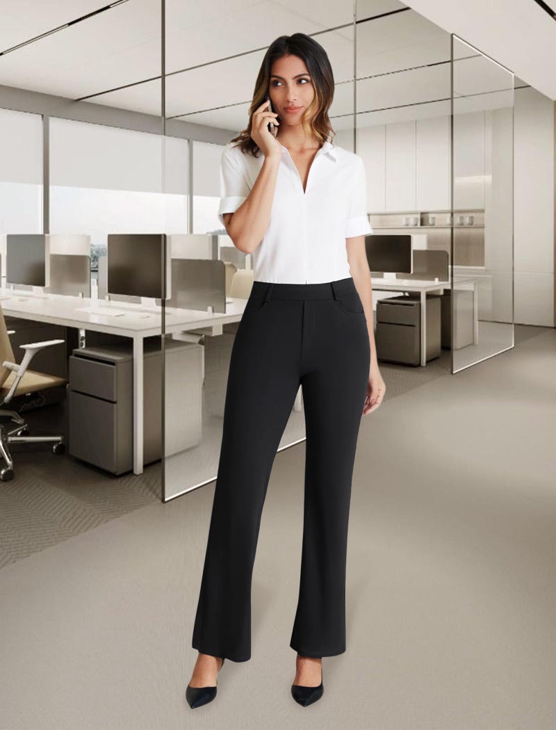 DLOODA Dress Work Pants Women Business Casual Slack Trousers Stretchy Pull On Office Flare Pants with Pocketsï¼ˆBlack Sï¼‰ - Image 2