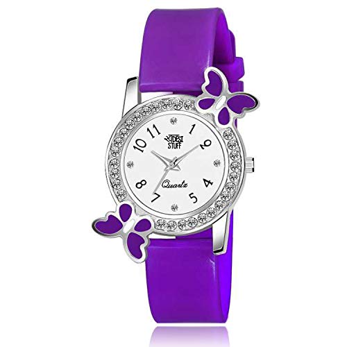 SWADESI STUFF Plastic Analog White Dial Diamond Studded Purple Butterfly Watch for Girls & Women, Purple Band - Image 1