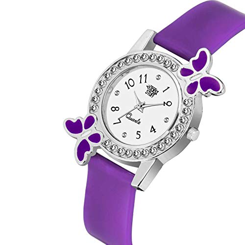 SWADESI STUFF Plastic Analog White Dial Diamond Studded Purple Butterfly Watch for Girls & Women, Purple Band - Image 2