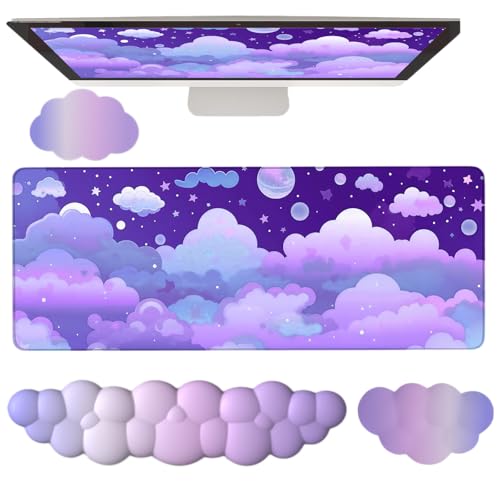 WFCYGL Purple Cloud Mouse Pad Cloud Keyboard Wrist Rest for Computer Keyboard Extended Large Desk Mat Pad Set 4PCS Memory Foam Non-Slip Ergonomic Cute Gaming Mouse Pads Wrist Support for Laptop Home Office - Image 1