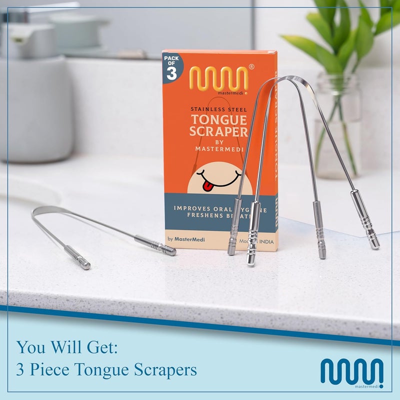 MasterMedi Tongue Scraper for Adults, 100% Stainless Steel Tongue Scrubber for Bad Breath, Easy to Use, Tongue Cleaner for Oral Care & Hygiene (SS Pack of 3) - Image 4