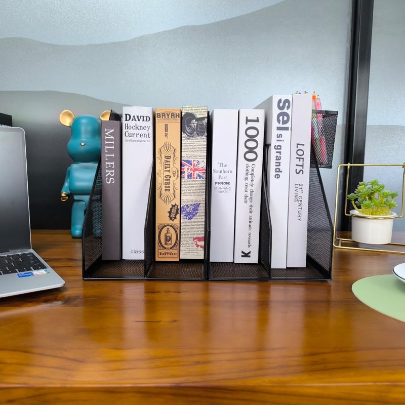 RHONZHAO 2 Set Desk Organizers, Metal Desk Magazine File Holder and 1 Pen Holder, 2 Compartments Mesh File Holder, Mesh Desktop Organizer and Storage,Black - Image 5