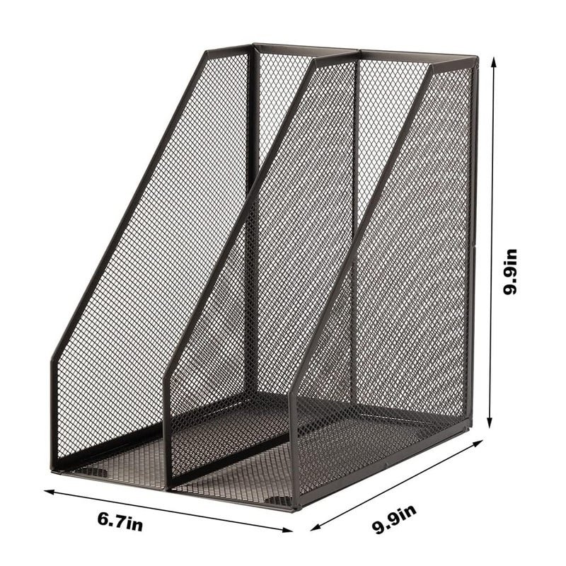 RHONZHAO 2 Set Desk Organizers, Metal Desk Magazine File Holder and 1 Pen Holder, 2 Compartments Mesh File Holder, Mesh Desktop Organizer and Storage,Black - Image 3