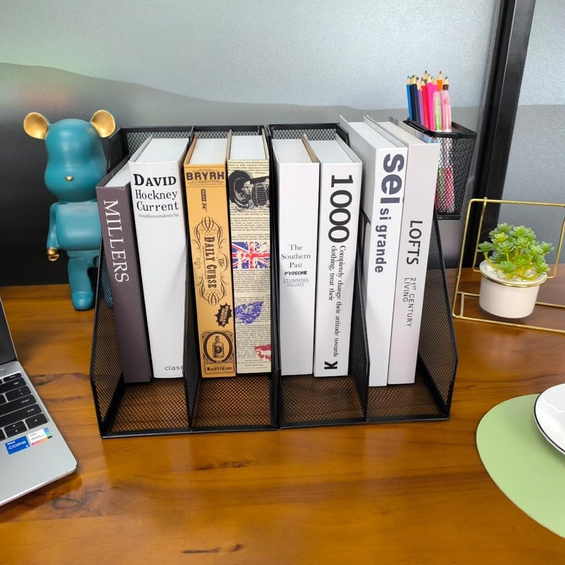 RHONZHAO 2 Set Desk Organizers, Metal Desk Magazine File Holder and 1 Pen Holder, 2 Compartments Mesh File Holder, Mesh Desktop Organizer and Storage,Black - Image 2