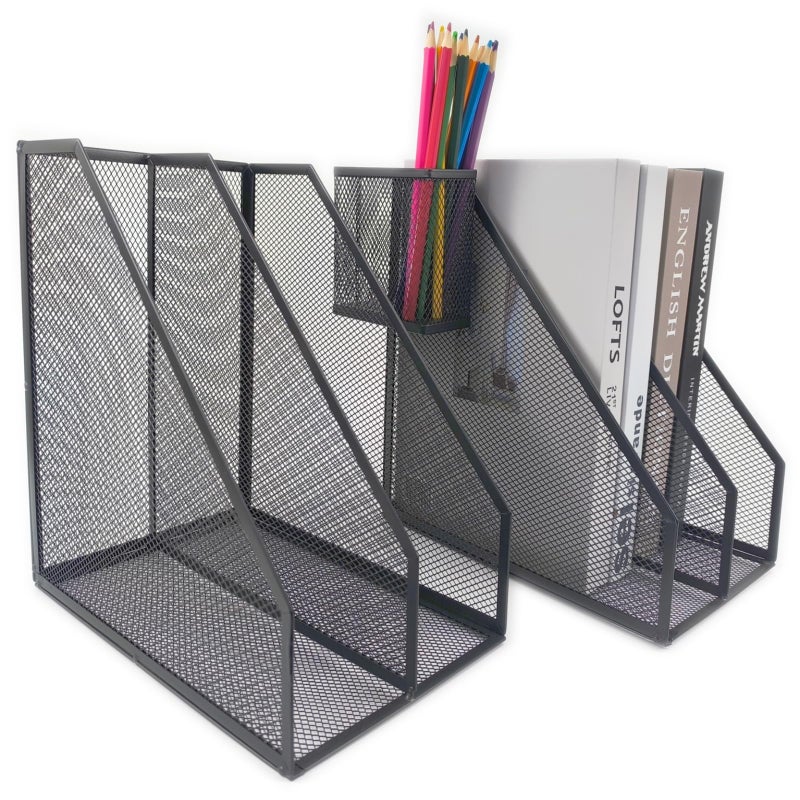 RHONZHAO 2 Set Desk Organizers, Metal Desk Magazine File Holder and 1 Pen Holder, 2 Compartments Mesh File Holder, Mesh Desktop Organizer and Storage,Black - Image 1