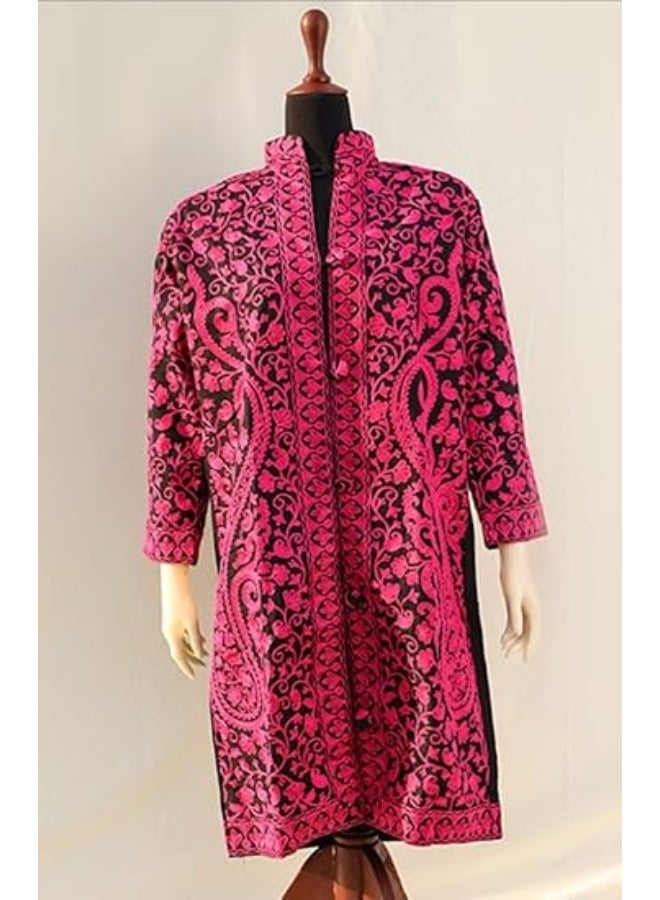 Women's Long Sleeve Tunic Coat, Pink and Black Paisley Print, Embroidered Design, Kashmiri Embroidery, Festive, Casual, Evening Wear - Image 3