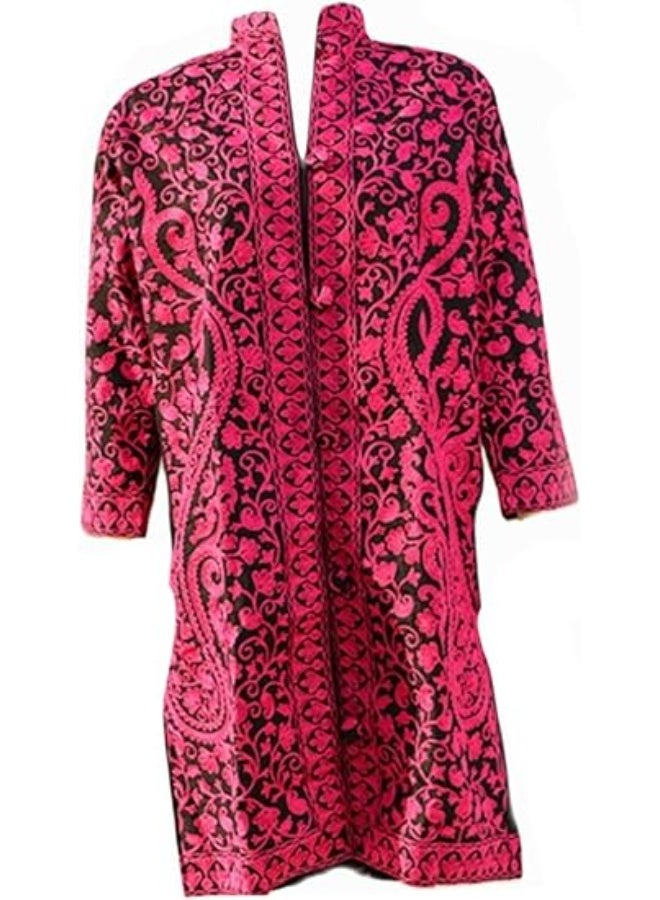 Women's Long Sleeve Tunic Coat, Pink and Black Paisley Print, Embroidered Design, Kashmiri Embroidery, Festive, Casual, Evening Wear - Image 4
