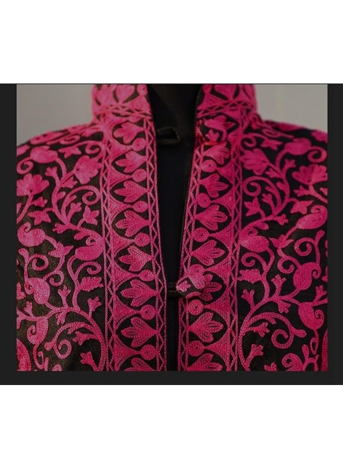 Women's Long Sleeve Tunic Coat, Pink and Black Paisley Print, Embroidered Design, Kashmiri Embroidery, Festive, Casual, Evening Wear - Image 1