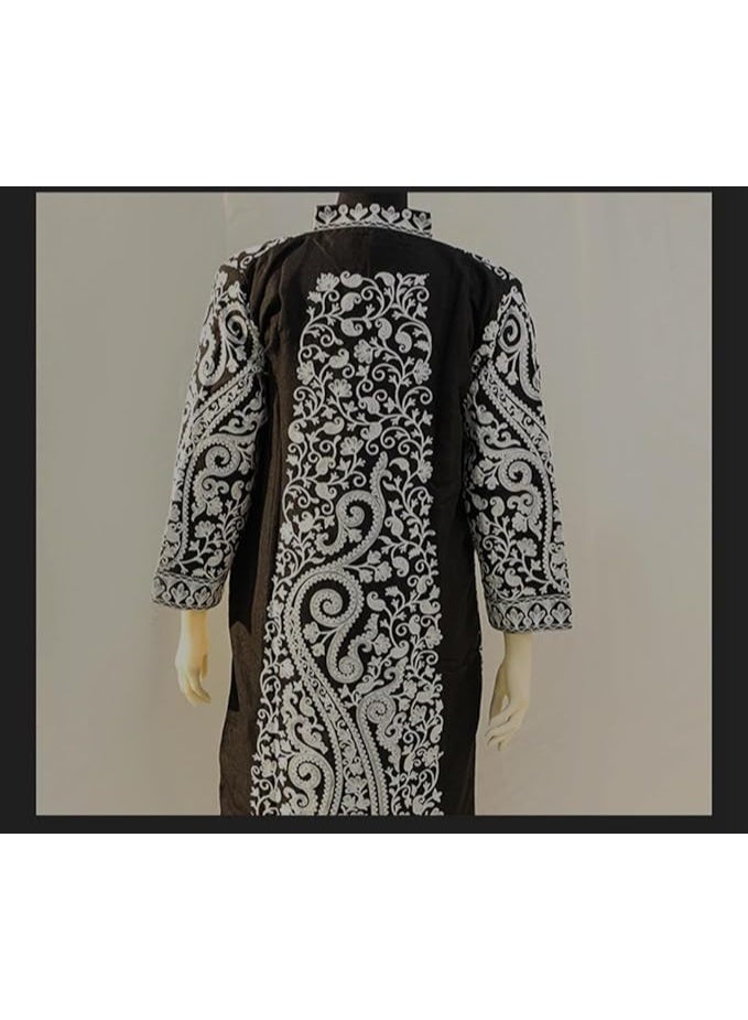 Women's Long Sleeve Tunic Coat, Pink and Black Paisley Print, Embroidered Design, Kashmiri Embroidery, Festive, Casual, Evening Wear - Image 2