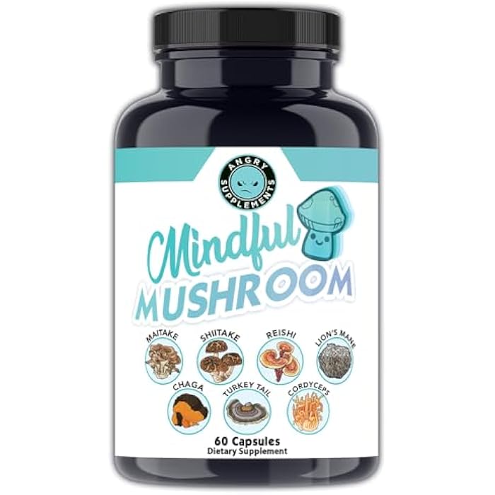 Angry Supplements Mindful Mushrooms Capsules - 7in1 Premium Health Shroom Blend of Maitake, Shiitake, Reishi, Turkey Tail, Cordyceps, Lions Mane and Chaga Mushrooms (60ct) - Image 1