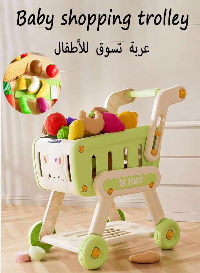 Children's Shopping Trolley, Double-Layer, can be Played or Stored, Round Wheels, Suitable for a Variety of Surfaces, Including Toy Fruits, Vegetables and Other Accessories, Baby Learning to Walk, Role-Playing, Educational Games, Shopping and Leisure Functions are Diverse, Experience the Fun of Shopping (Green Version) - Image 1