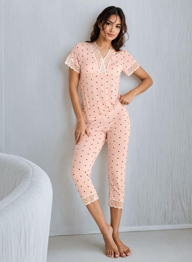 سبلاش فيڤ طقم بيجامة وبلوزة من الدانتيل بنقاط البولكا - Image 1
