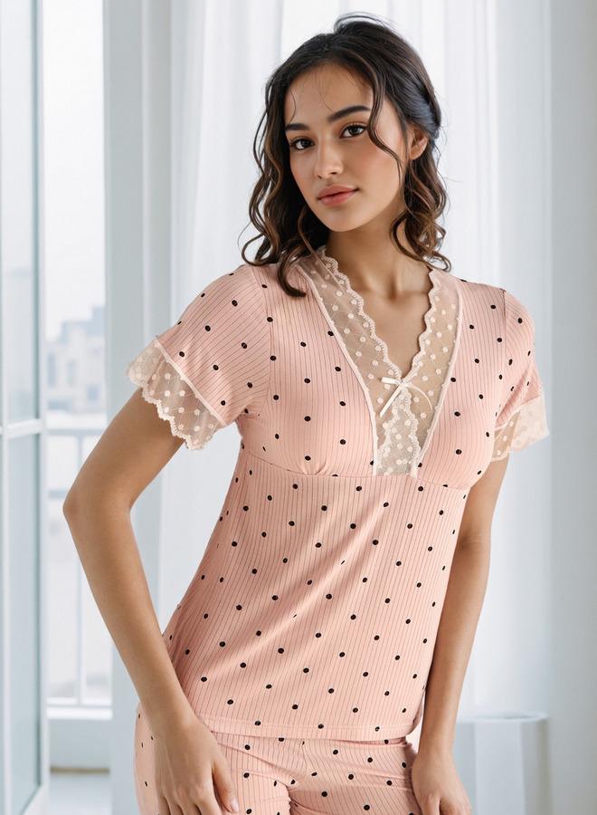 سبلاش فيڤ طقم بيجامة وبلوزة من الدانتيل بنقاط البولكا - Image 2