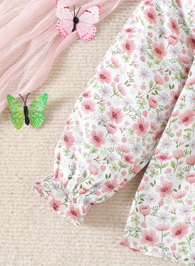 Take Two Take Two Girls Floral Print Cotton Top with Ruffle Collar