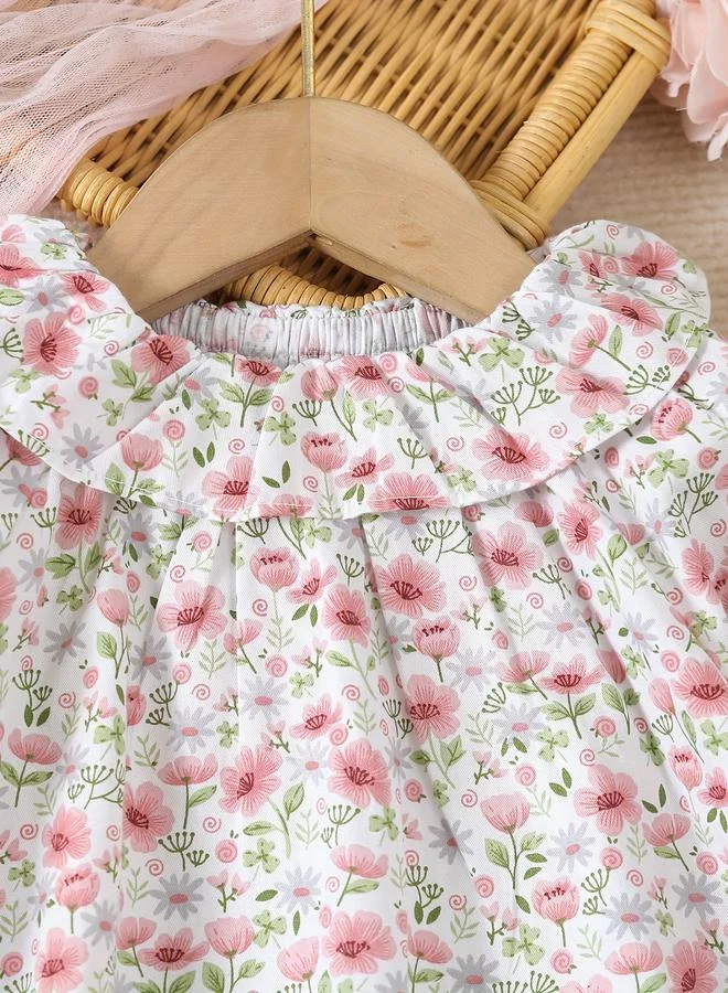 Take Two Take Two Girls Floral Print Cotton Top with Ruffle Collar