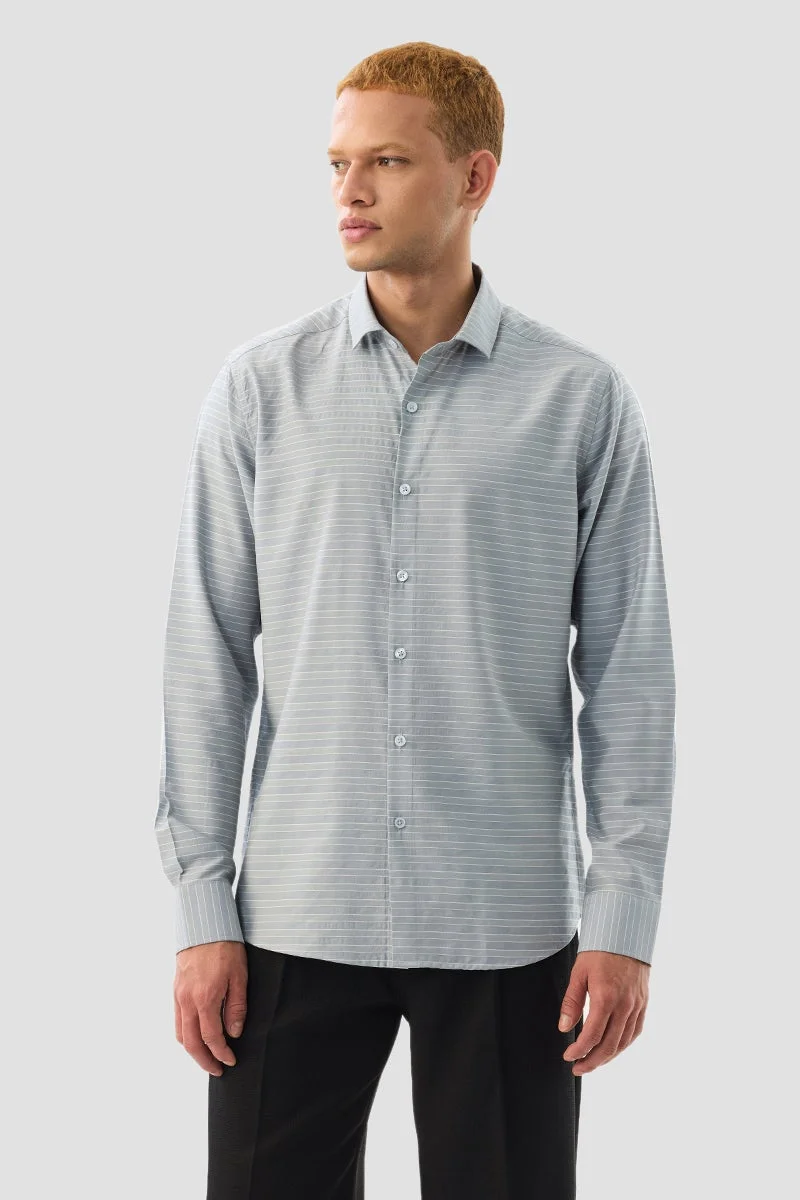 SNITCH Light Grey Stripes Slim Fit Shirt