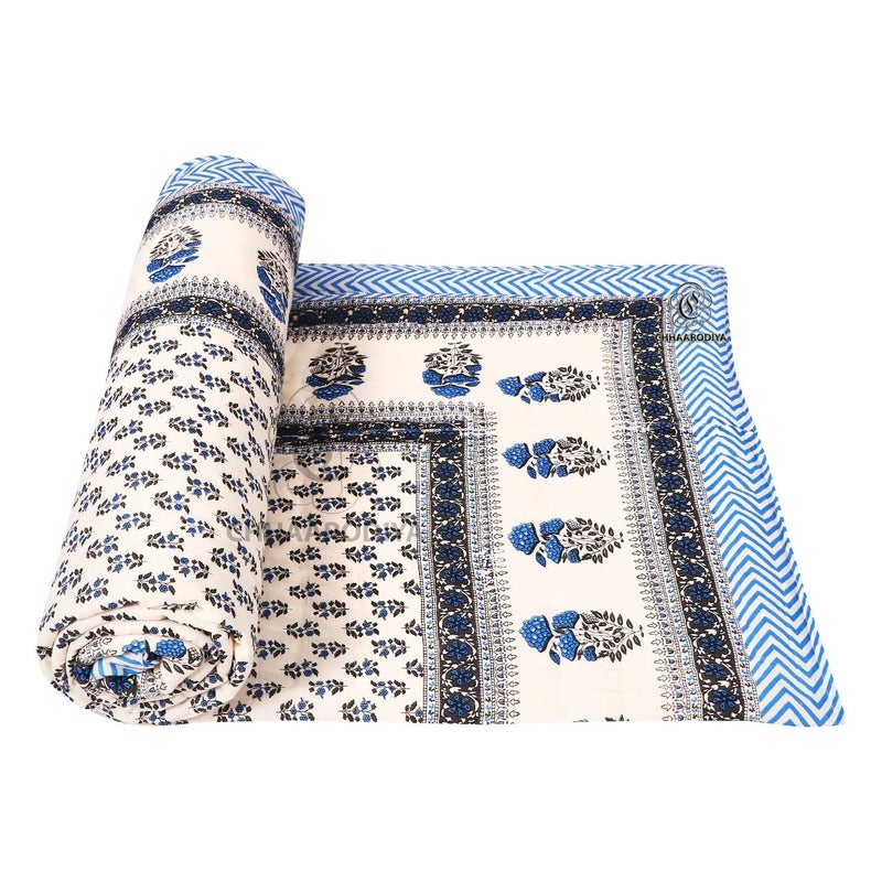 Lilfly Rajasthani Light Weight Single Bed Soft Jaipuri AC Quilt Designer Reversible Both Side use Blue booti with Boarder Cotton Quilts Blankets for Home (Size 55 X 85 inch) TDS-14 - Image 2