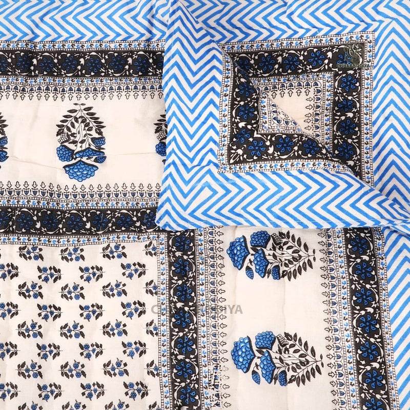 Lilfly Rajasthani Light Weight Single Bed Soft Jaipuri AC Quilt Designer Reversible Both Side use Blue booti with Boarder Cotton Quilts Blankets for Home (Size 55 X 85 inch) TDS-14 - Image 1