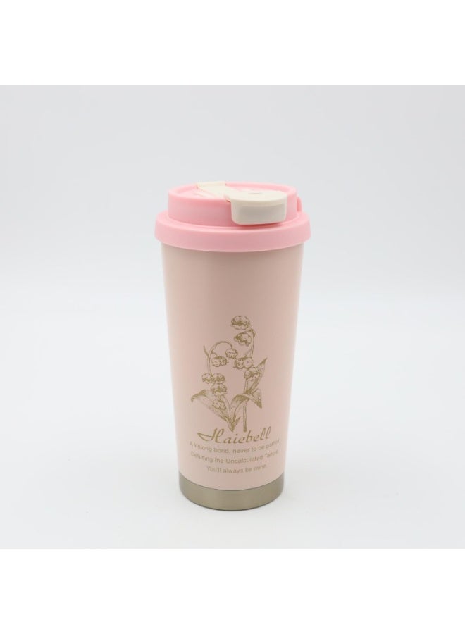 500ml double-walled insulated coffee mug with a floral print, made of stainless steel with a straw and cord
