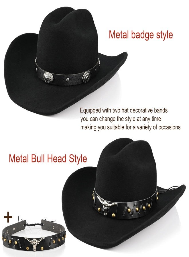 Foeran 100% Wool Western Cowboy Hat for Men's Women's Classic Fedora Hat Felt Cowgirls Hats with Two Decorative Bands (US, Alpha, Medium, X-Large, Black-C) - Image 3