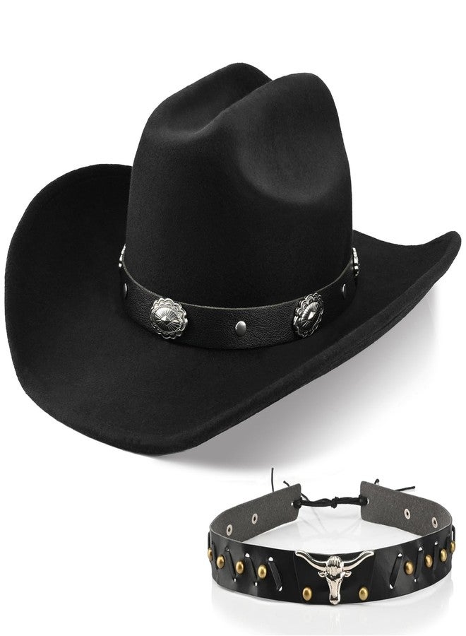 Foeran 100% Wool Western Cowboy Hat for Men's Women's Classic Fedora Hat Felt Cowgirls Hats with Two Decorative Bands (US, Alpha, Medium, X-Large, Black-C) - Image 1